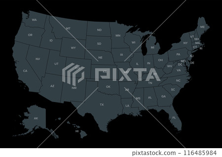 United States of America, dark political map. Fifty single states with their own geographic territories and borders, bound together in a union and federal government. Labeled with USPS abbreviations. 116485984