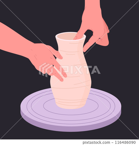 Handmade crockery. Potter hands modeling clay vase, artist work with potters wheel flat vector illustration. Cartoon clay crockery 116486090