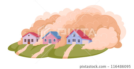 Landslide natural disaster. Cartoon mountain avalanche, dust clouds with stones extreme cataclysm disaster flat vector illustration. Landslip natural disaster 116486095