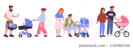 Moms and dads with baby strollers. Parents walking together with newborn child in carriage, family outdoor recreation flat vector illustration set. Cartoon parenting scenes 116486104