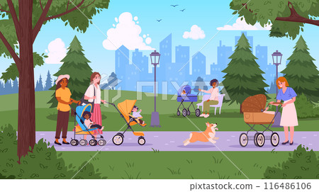 Moms wheels baby strollers. Young mothers walking with children in wheeling carriages, women walk in park with pushchairs flat vector illustration. Parenting, motherhood scene 116486106