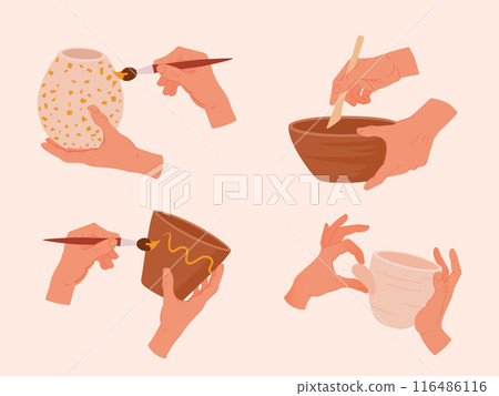 Potters hands create ceramic. Potters hands make, form and paint pots, earthenware on potters wheel flat vector illustration set. Pottery workshop process Potters hands create ceramic. Potters hands make, form and paint pots, earthenware on potters wheel flat vector illustration set. Pottery workshop process 116486116
