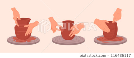 Potters hands making pots. Pottery workshop process, hands create earthenware on potters wheel flat vector illustration set. Ceramic studio potters modeling clay vases Potters hands making pots. Pottery workshop process, hands create earthenware on potters wheel flat vector illustration set. Ceramic studio potters modeling clay vases 116486117
