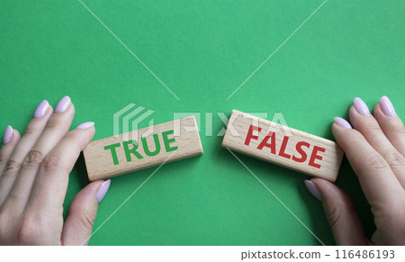 True or False symbol. Concept word True or False on wooden blocks. Businessman hand. Beautiful green background. Business and True or False concept. Copy space True or False symbol. Concept word True or False on wooden blocks. Businessman hand. Beautiful green background. Business and True or False concept. Copy space 116486193