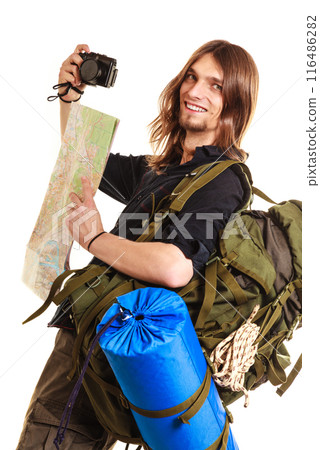 Man tourist backpacker taking photo with camera. 116486282