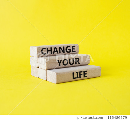 Change your Life symbol. Wooden blocks with words Change your Life. Beautiful yellow background. Business and Change your Life concept. Copy space. Change your Life symbol. Wooden blocks with words Change your Life. Beautiful yellow background. Business and Change your Life concept. Copy space. 116486379