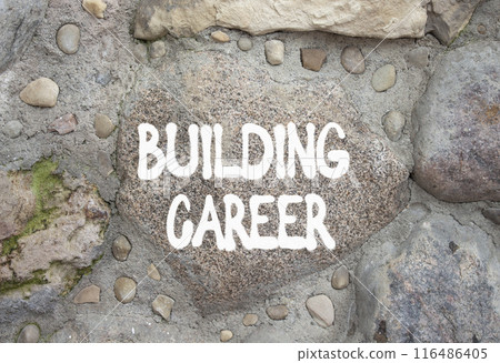 Building Career symbol. Stone wall with words Building Career. Beautiful stone background. Business and Building Career concept. Copy space. 116486405