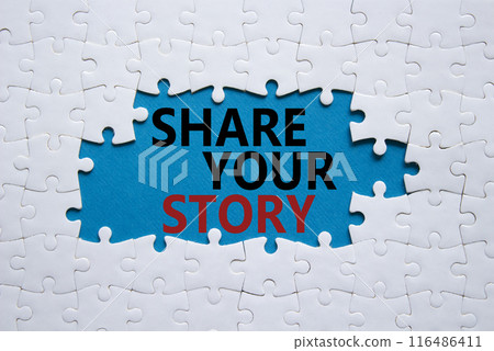 Share your story symbol. White puzzle with words Share your story. Beautiful blue background. Business and Share your story concept. Copy space. Share your story symbol. White puzzle with words Share your story. Beautiful blue background. Business and Share your story concept. Copy space. 116486411