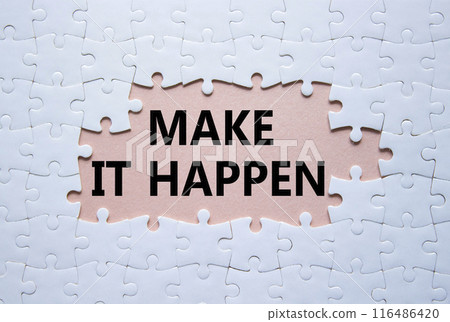 Make it Happen symbol. Concept words Make it Happen on white puzzle. Beautiful pink background with succulent plant. Business and Make it Happen concept. Copy space. Make it Happen symbol. Concept words Make it Happen on white puzzle. Beautiful pink background with succulent plant. Business and Make it Happen concept. Copy space. 116486420