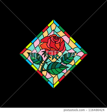 Red Roses colorful stained glass window. Colored gothic mosaic decoration for interior. Vector illustration. 116486424