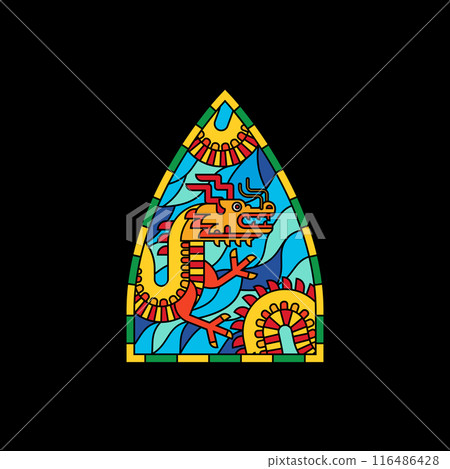 Medieval dragon colorful stained glass window. Colored gothic mosaic decoration for interior. Vector illustration. Medieval dragon colorful stained glass window. Colored gothic mosaic decoration for interior. Vector illustration. 116486428