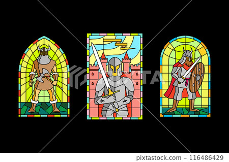 Set of viking warrior and Medieval Knights colorful stained glass window. Colored gothic mosaic decoration for interior. Vector illustration. Set of viking warrior and Medieval Knights colorful stained glass window. Colored gothic mosaic decoration for interior. Vector illustration. 116486429