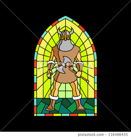 Viking warrior colorful stained glass window. Colored gothic mosaic decoration for interior. Vector illustration. 116486435