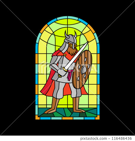 Viking warrior colorful stained glass window. Colored gothic mosaic decoration for interior. Vector illustration. 116486436
