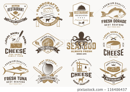 Set of cheese family farm, seafood and Restaurant retro badge. Vector. For seafood emblem, sign, patch, shirt, menu restaurants with cheese, tuna, trout, shrimp, octopus crab mussels and clams Set of cheese family farm, seafood and Restaurant retro badge. Vector. For seafood emblem, sign, patch, shirt, menu restaurants with cheese, tuna, trout, shrimp, octopus crab mussels and clams 116486437