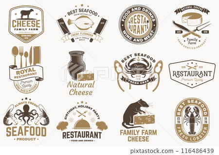Set of cheese family farm, seafood and Restaurant retro badge. Vector. For seafood emblem, sign, patch, shirt, menu restaurants with cheese, tuna, trout, shrimp, octopus crab mussels and clams 116486439