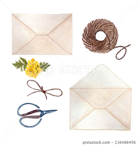 Envelope close and open, scissors, jute rope, tansy watercolor set isolated on white. Hand drawn high quality art. Simple style illustration for stationary, cards, notebooks and packages design Envelope close and open, scissors, jute rope, tansy watercolor set isolated on white. Hand drawn high quality art. Simple style illustration for stationary, cards, notebooks and packages design 116486456