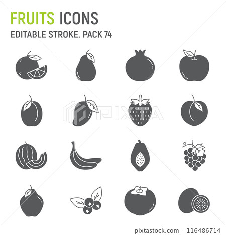 Fruit glyph icon set, fruits collection, vector graphics, logo illustrations, fruits vector icons, tropical fruit signs, solid pictograms, editable stroke Fruit glyph icon set, fruits collection, vector graphics, logo illustrations, fruits vector icons, tropical fruit signs, solid pictograms, editable stroke 116486714