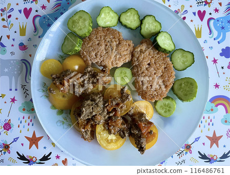 children's food - cucumber rings and fish cutlets 116486761