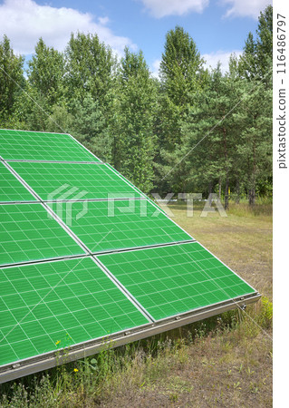 Photo of green solar panels, selective focus. 116486797