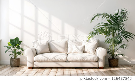 Modern Living Room With White Sofa and Indoor Plants Modern Living Room With White Sofa and Indoor Plants 116487843