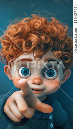 Curly-Haired Boy With Large Blue Eyes Pointing Forward in Bright Daytime 116487914