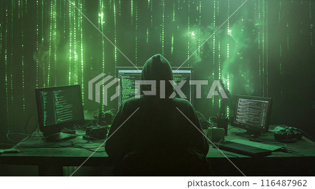 Hacker in Dark Room Monitoring Multiple Screens Displaying Code at Night 116487962