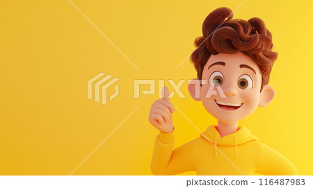Cheerful Animated Character Giving Thumbs Up Against Yellow Background 116487983
