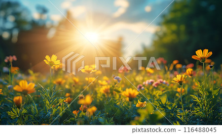Golden Hour Blooms in Lush Meadow 116488045