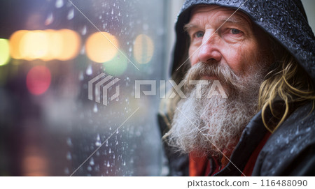 Pensive Bearded Man Gazing Through a Rain-Speckled Window at Dusk 116488090