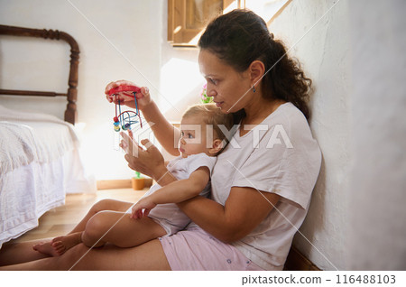 Mother and baby playing together with toy in cozy bedroom setting Mother and baby playing together with toy in cozy bedroom setting 116488103