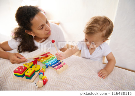 Mother and baby bonding through educational toys and music at home Mother and baby bonding through educational toys and music at home 116488115