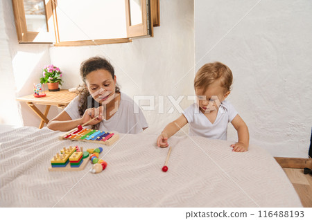 Mother and toddler playing with educational toys in a bright room Mother and toddler playing with educational toys in a bright room 116488193