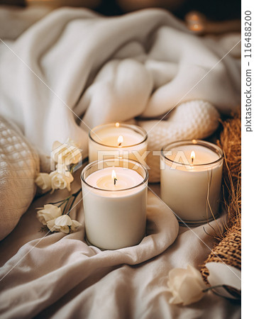 Tranquil Candle Arrangement in Cozy Setting Tranquil Candle Arrangement in Cozy Setting 116488200