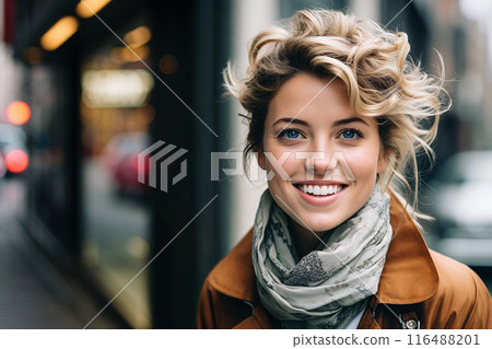 Smiling Woman in Urban Setting Wearing Brown Jacket and Scarf on Overcast Day 116488201