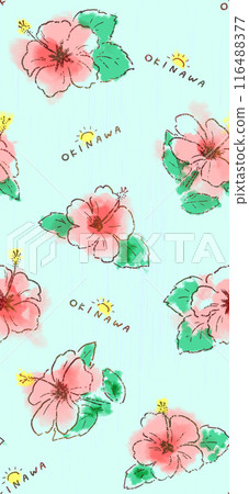 A repeating illustration pattern that expresses Okinawa's hibiscus in a pop style 116488377