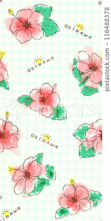 A repeating illustration pattern that expresses Okinawa's hibiscus in a pop style 116488378