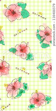 A repeating illustration pattern that expresses Okinawa's hibiscus in a pop style 116488379