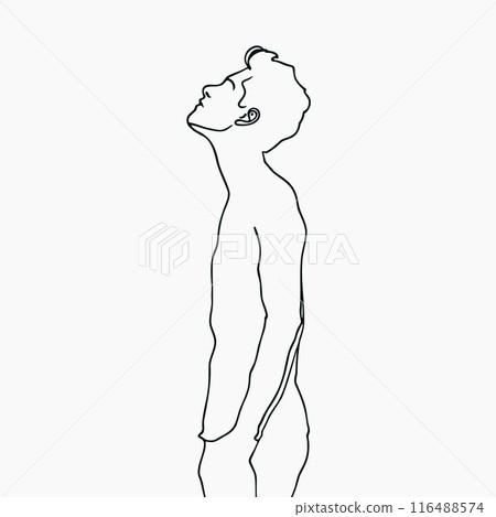 Abstract line male figure vector isolated on white background. Minimal outline man looks up and dreams 116488574