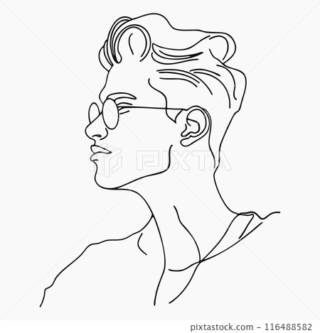 Young man profile, line art drawing. Abstract hipster male portrait in glasses and trendy hairstyle. Minimalistic style, beauty and fashion concept Young man profile, line art drawing. Abstract hipster male portrait in glasses and trendy hairstyle. Minimalistic style, beauty and fashion concept 116488582