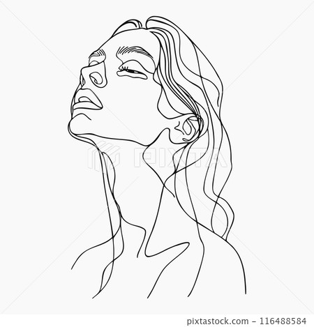 Pretty woman in minimal line art style. Sensual young female portrait. Abstract beautiful outline girl isolated on white background Pretty woman in minimal line art style. Sensual young female portrait. Abstract beautiful outline girl isolated on white background 116488584