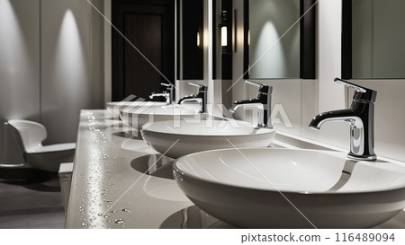 Modern Public Bathroom Design: White Sink Basins with Chrome Faucets 116489094