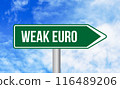 Weak euro road sign on sky background 116489206