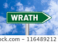 Wrath road sign on cloudy sky background 116489212