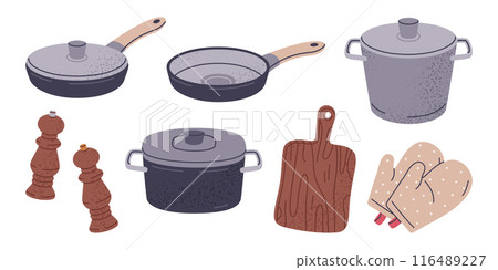Kitchen tools. Cooking supplies, cutting board, potholders, pot, frying pan and roasting pan isolated flat vector illustration set. Hand drawn kitchen utensils 116489227