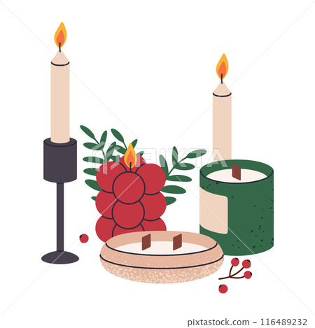 Scented Christmas candles. Aroma candles with Christmas decorations, Xmas holiday wax candles flat vector illustration. Winter holidays home decor 116489232