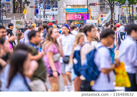 Tokyo cityscape in Japan: Inbound tourism returns in July...Shibuya Scramble Crossing crowded with foreign tourists...=10th 116489632