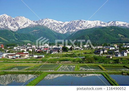 Hakuba Village: Mt. Hakuba and the Ushiro-Tateyama mountain range, reflected in the water as seen from Tenjinzaka near the Highland Hotel Hakuba Village: Mt. Hakuba and the Ushiro-Tateyama mountain range, reflected in the water as seen from Tenjinzaka near the Highland Hotel 116490052