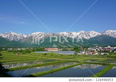 Hakuba Village: Mt. Hakuba and the Ushiro-Tateyama mountain range, reflected in the water as seen from Tenjinzaka near the Highland Hotel Hakuba Village: Mt. Hakuba and the Ushiro-Tateyama mountain range, reflected in the water as seen from Tenjinzaka near the Highland Hotel 116490053
