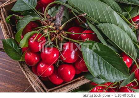 ripe cherries in a box on the table close up top view 116490192